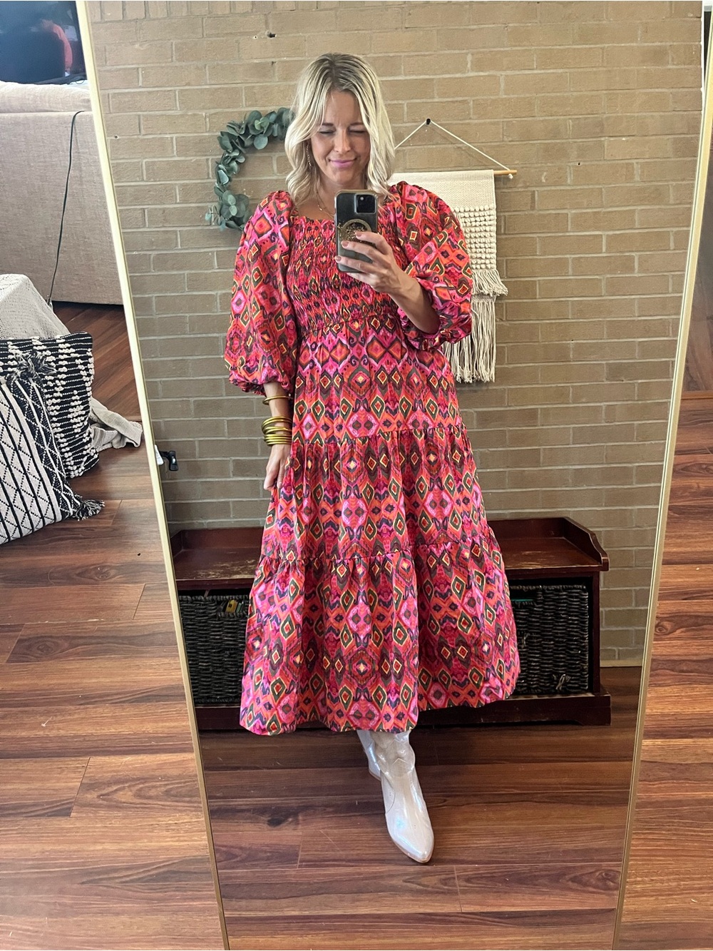 Dress Forum Vibrant Pink Patterned Smocked Midi Dress